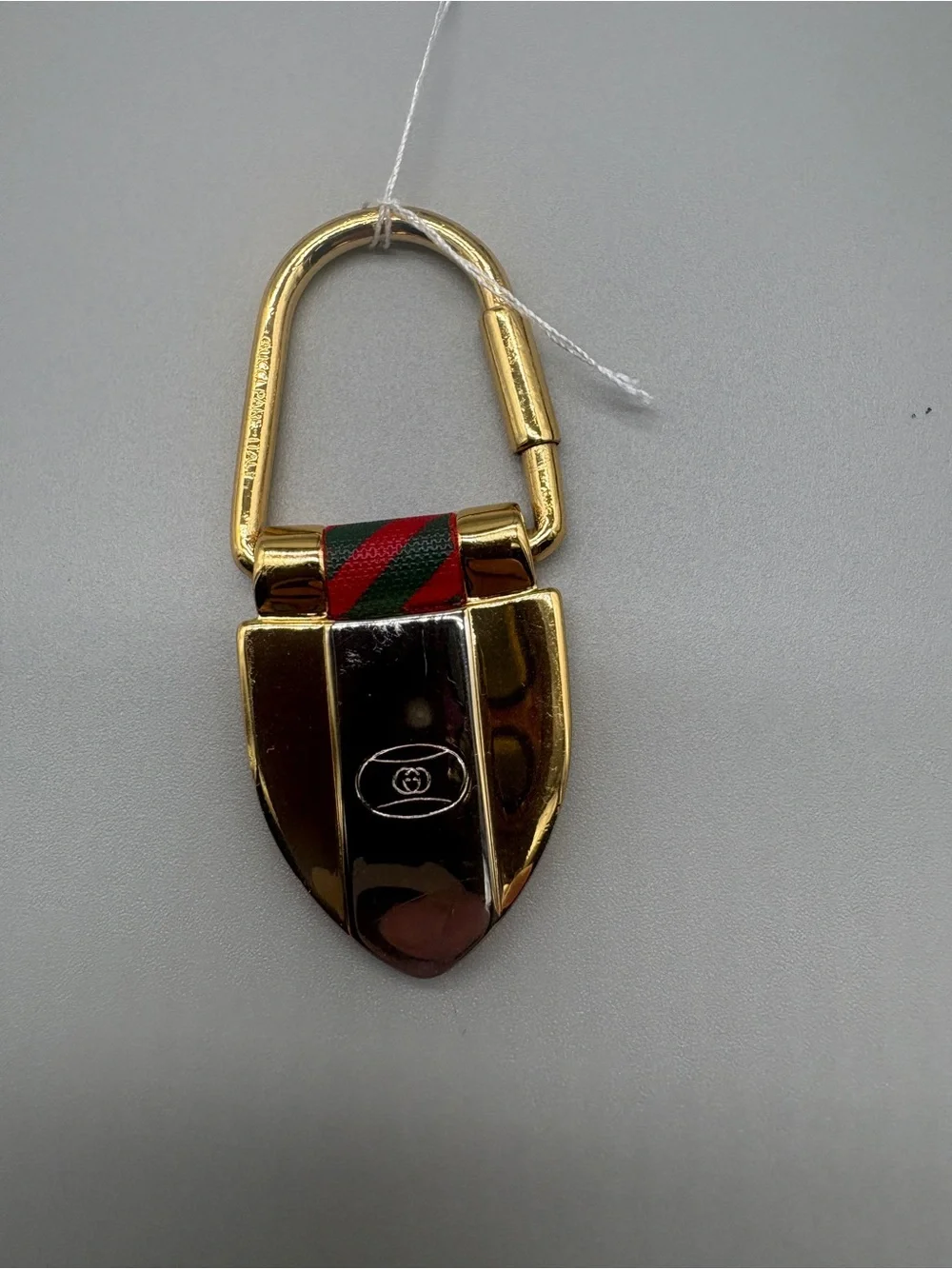Vintage Gucci Rigato Shield Key Ring Web Stripe Gold Tone with COA